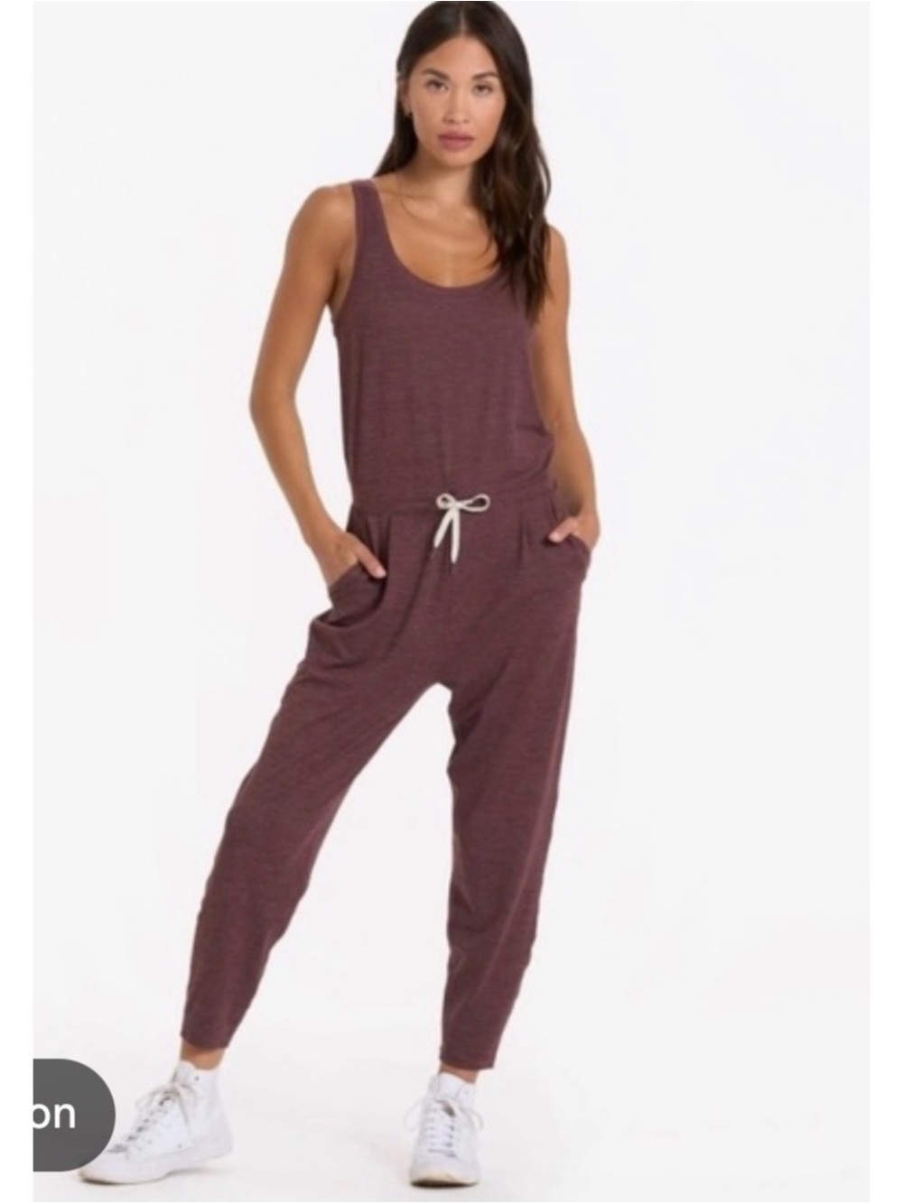 Vuori Lux Harem Jumpsuit in a mauve-brown heather color